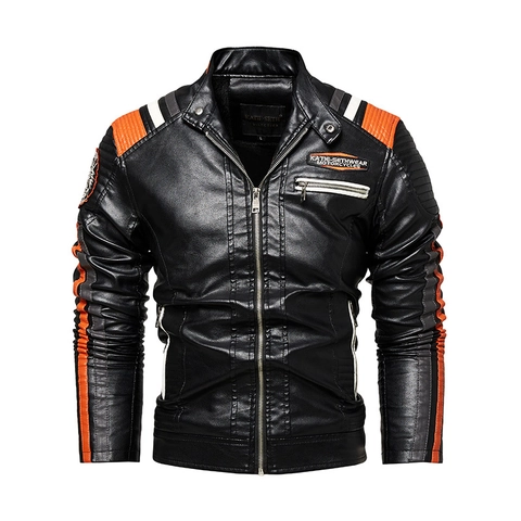 Men Retro Biker PU Leather Jacket With Warm Fleece Lining Stand Collar Racing Style Color Block Zip Up Motorcycle Outwear