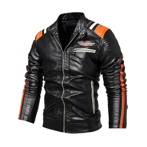 Men Retro Biker PU Leather Jacket With Warm Fleece Lining Stand Collar Racing Style Color Block Zip Up Motorcycle Outwear