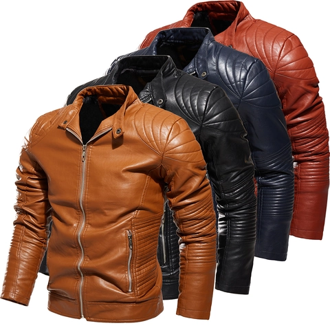 Giacca in Pelle PU da Uomo Biker Collo in Piedi Cappotto da Moto Trapuntato Foderato in Pelliccia Sintetica Antivento Casual