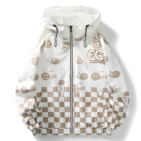 Veste à Capuche Streetwear pour Hommes en Polyester Coupe-vent Imprimé Damier Coupe Décontractée Blouson Jeunesse Grandes Tailles