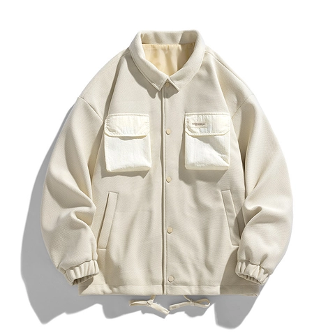 Chaqueta Casual con Textura de Gofre para Hombre Ajuste Holgado Solapa Manga Larga Dobladillo con Cordón Estilo Utilitario Diario