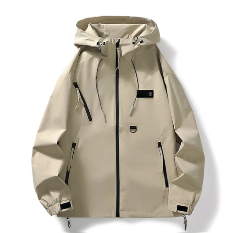 Men Hooded Windbreaker Jacket Windproof Casual Outdoor Work Cargo Style Plus Size Long Sleeve Solid Color Zip Up Top