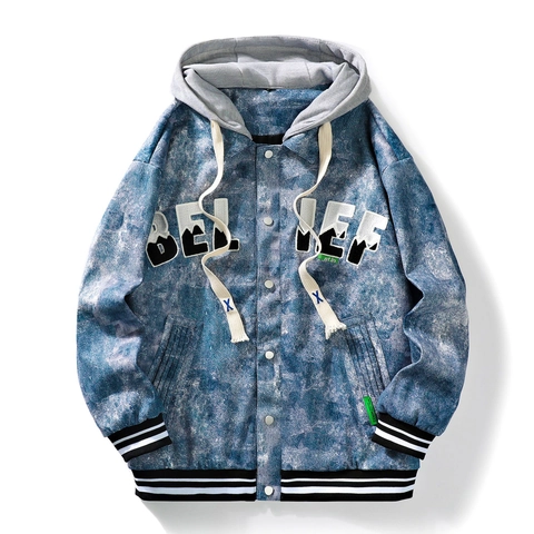 Veste de Baseball Vintage à Capuche pour Homme Délavage à l'Acide Broderie de Lettres Bouton-Pression Streetwear