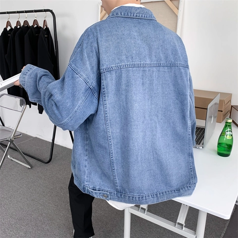 Herren Distressed Jeansjacke Gewaschene Baumwolle Oversized Casual Outerwear Retro Hongkong Stil Einreihig Multi Tasche Mantel