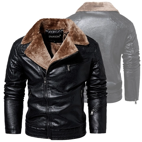 Men Motorcycle PU Leather Jacket With Faux Fur Collar Fleece Lined Winter Warm Quilted Shoulder Business Casual Outerwear