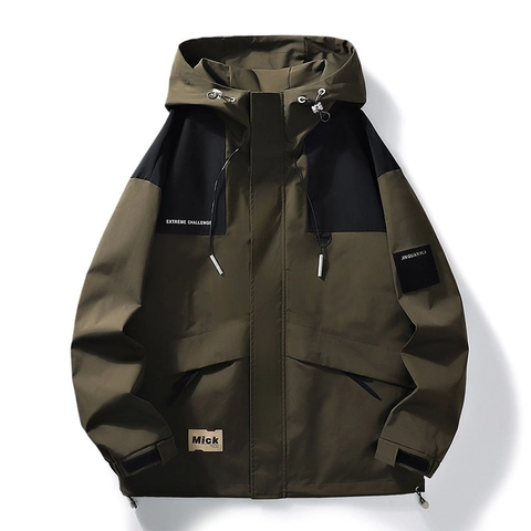 Men Outdoor Windproof Waterproof Hooded Jacket Polyester Color Block Technical Cargo Jacket Casual Mountain Windbreaker Top
