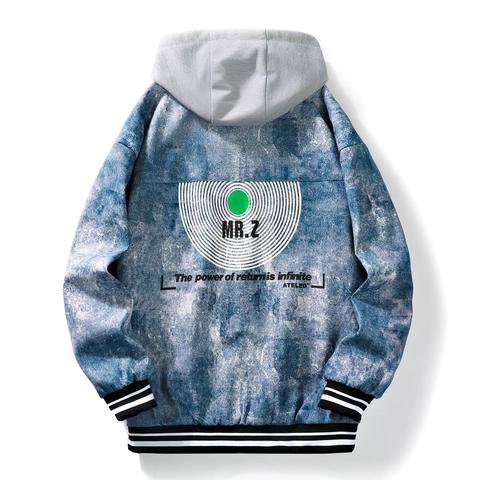 Veste de Baseball Vintage à Capuche pour Homme Délavage à l'Acide Broderie de Lettres Bouton-Pression Streetwear
