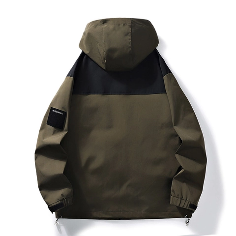 Men Outdoor Windproof Waterproof Hooded Jacket Polyester Color Block Technical Cargo Jacket Casual Mountain Windbreaker Top