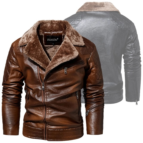Men Motorcycle PU Leather Jacket With Faux Fur Collar Fleece Lined Winter Warm Quilted Shoulder Business Casual Outerwear