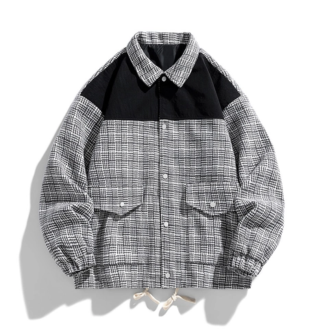 Herren Casual Karo Patchwork Jacke Vintage Workwear Revers Mantel Mit Metallknöpfen Kordelzug Saum Langarm Outerwear Für Herren