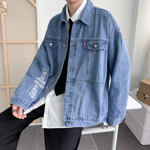 Herren Casual Denimjacke Baumwolle Gewaschen Locker Streetwear Jacke Mit Buchstabendruck Für Den Herbst Alltag