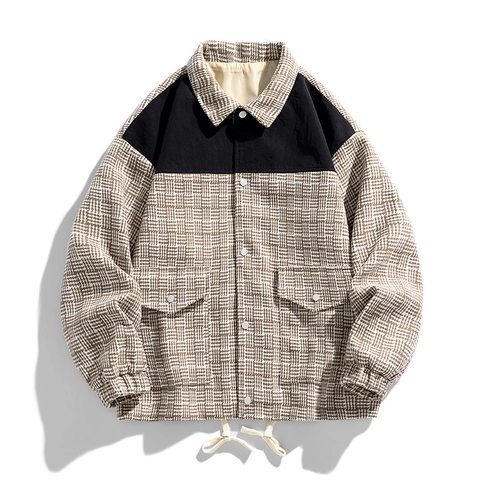 Herren Casual Karo Patchwork Jacke Vintage Workwear Revers Mantel Mit Metallknöpfen Kordelzug Saum Langarm Outerwear Für Herren