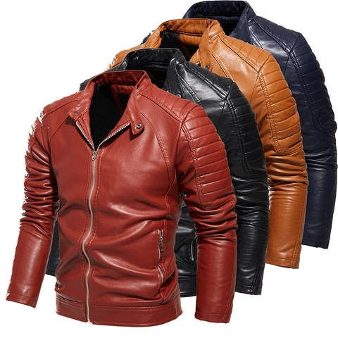 Men's Motorcycle PU Leather Jacket Fleece Lined Stand Collar Slim Fit Autumn Winter Biker Coat Solid Color Casual Outerwear