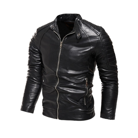 Men's Motorcycle PU Leather Jacket Fleece Lined Stand Collar Slim Fit Autumn Winter Biker Coat Solid Color Casual Outerwear