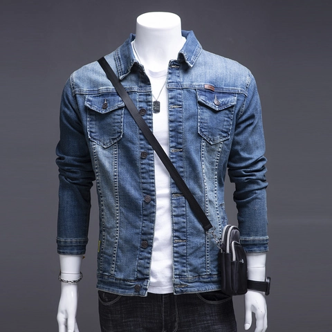 Chaqueta Vaquera de Algodón Azul Lavado Vintage para Hombre Con Cuello de Solapa Botonadura Sencilla Estilo Ropa de Trabajo Casual