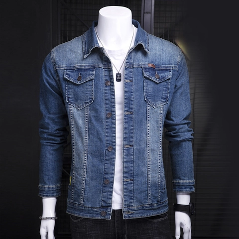 Chaqueta Vaquera de Algodón Azul Lavado Vintage para Hombre Con Cuello de Solapa Botonadura Sencilla Estilo Ropa de Trabajo Casual