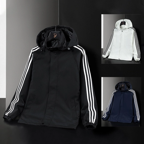 Veste de Sport à Capuche pour Hommes Rétro Trois Bandes Coupe-Vent en Polyester Extérieur Décontracté Manteau Zippé