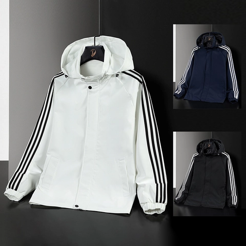 Veste de Sport à Capuche pour Hommes Rétro Trois Bandes Coupe-Vent en Polyester Extérieur Décontracté Manteau Zippé