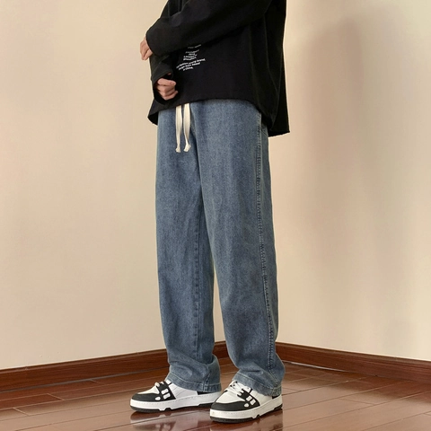 Heren Vintage Wijde Pijpen Jeans Katoenmix Gewassen Rechte Denim Broek Met Trekkoord Voor Dagelijks Gebruik