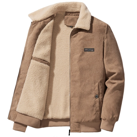 Chaqueta de Pana para Hombre Con Forro de Sherpa Invierno Cálido Forrado de Vellón Casual Cremallera Ropa de Abrigo Color Sólido Abrigo de Moda para Hombre