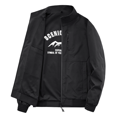 Men's Casual Stand Collar Jacket Windproof Polyester Outerwear Ribbed Cuffs Lightweight Zip Up Coat For Daily Outdoor Clothes