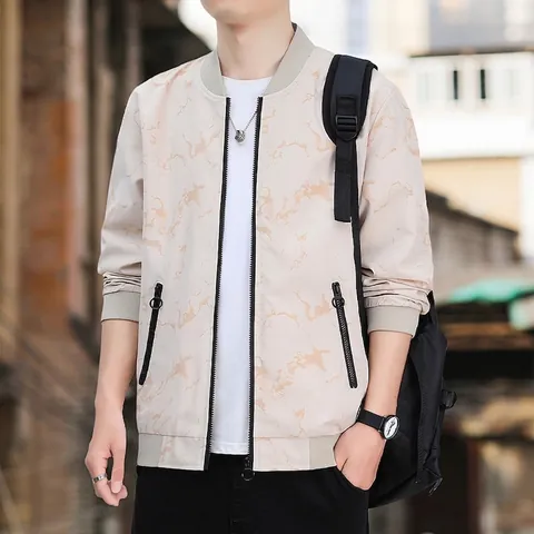 Men's Bomber Jacket Polyester Marble Print Baseball Collar Zipper Windproof Outerwear Fashion Urban Streetwear Coat