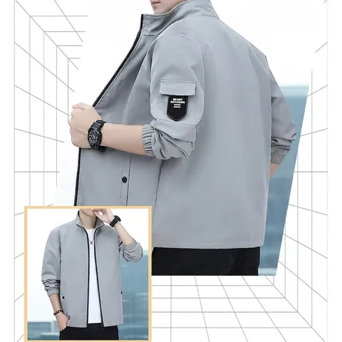 Men's Casual Stand Collar Jacket 100% Polyester Windproof Zip Up Sport Outdoor Bomber Outerwear Coat For Men Solid Color Top