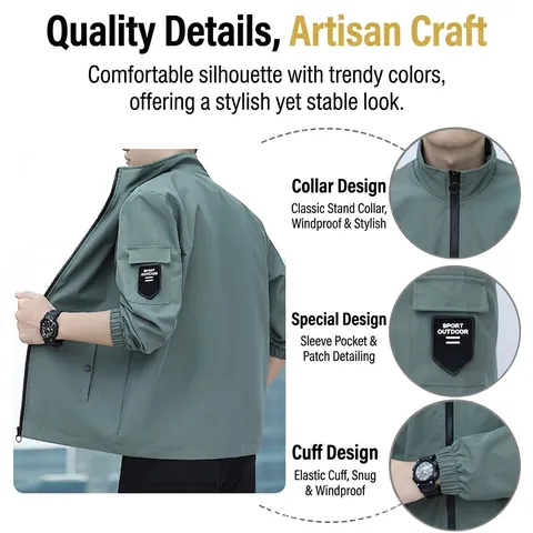 Men's Casual Stand Collar Jacket 100% Polyester Windproof Zip Up Sport Outdoor Bomber Outerwear Coat For Men Solid Color Top