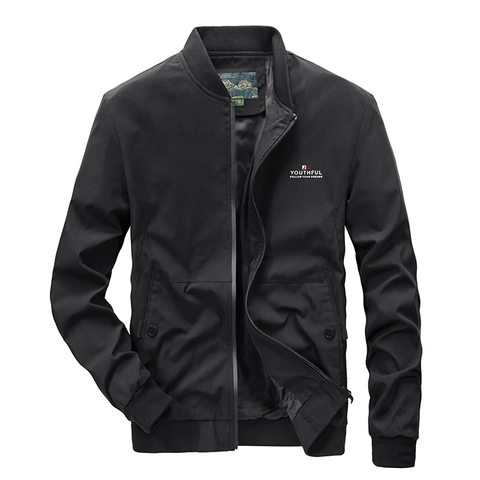 Men Stand Collar Bomber Jacket Windproof Polyester Solid Color Outdoor Sports Lightweight Casual Autumn Coat For Men