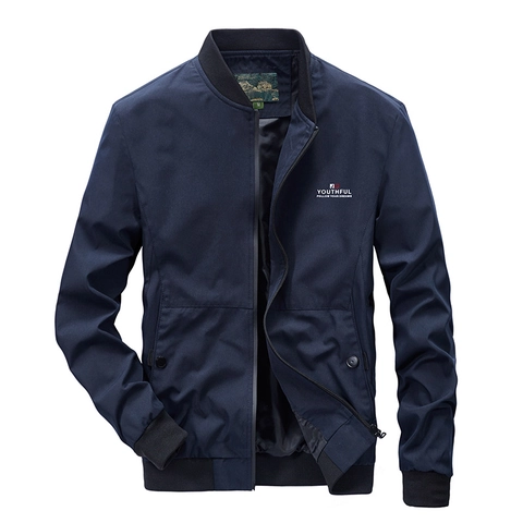 Men Stand Collar Bomber Jacket Windproof Polyester Solid Color Outdoor Sports Lightweight Casual Autumn Coat For Men