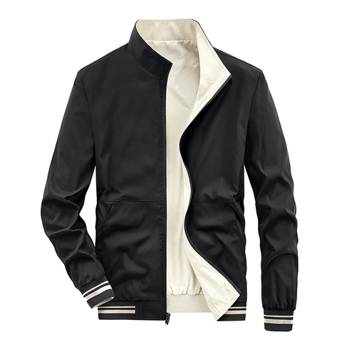 Men's Reversible Stand Collar Jacket Casual Windproof Polyester Outerwear Lightweight Bomber Coat For Daily Wear Autumn Fashion