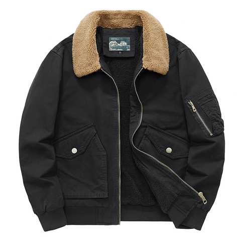 Chaqueta De Invierno Engrosada Para Hombre Forro De Terciopelo De Cordero Algodón Workwear Pilot Bomber Abrigo Color Sólido Cálido