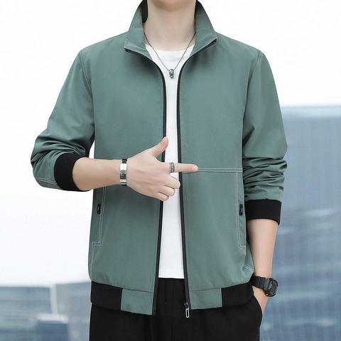 Men Stand Collar Jacket Polyester Windbreaker Contrast Stitching Ribbed Cuffs Casual Autumn Outerwear Minimalist Fashion Coat Men