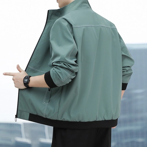 Men Stand Collar Jacket Polyester Windbreaker Contrast Stitching Ribbed Cuffs Casual Autumn Outerwear Minimalist Fashion Coat Men