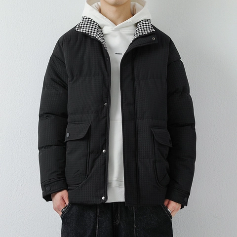 Veste Rembourrée à la Mode pour Hommes Hiver Épaisse Col Montant Doublure Pied-de-poule Polyester Manteau Matelassé avec Grandes Poches