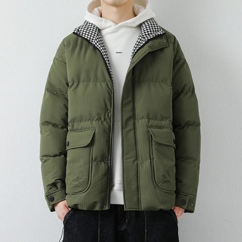 Veste Rembourrée à la Mode pour Hommes Hiver Épaisse Col Montant Doublure Pied-de-poule Polyester Manteau Matelassé avec Grandes Poches