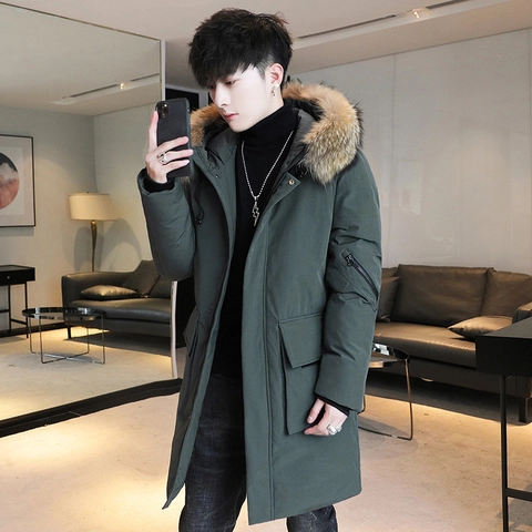 Giacca Imbottita Uomo Media Lunghezza Con Cappuccio E Collo In Pelliccia Parka Invernale Caldo Antivento Cappotto Casual