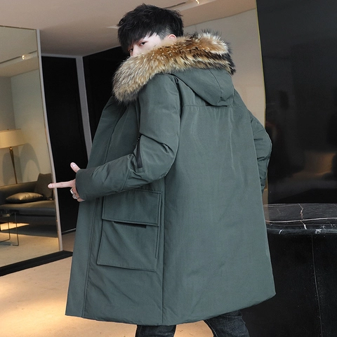 Giacca Imbottita Uomo Media Lunghezza Con Cappuccio E Collo In Pelliccia Parka Invernale Caldo Antivento Cappotto Casual