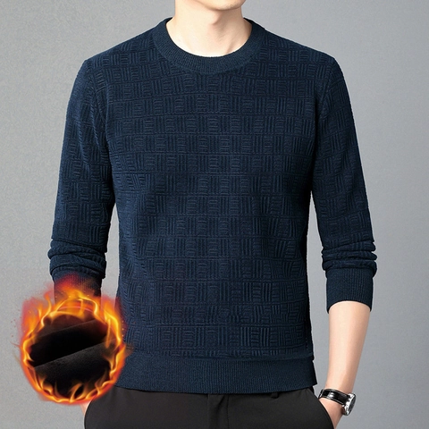 Suéter Térmico de Chenilla para Hombre Forrado de Felpa Cuello Redondo Manga Larga Punto con Textura Geométrica Pullover Casual Business