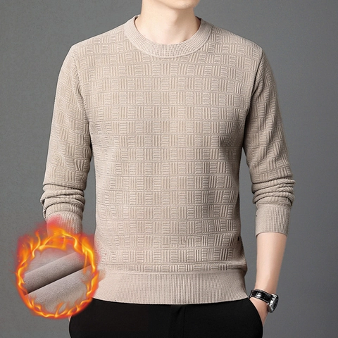 Suéter Térmico de Chenilla para Hombre Forrado de Felpa Cuello Redondo Manga Larga Punto con Textura Geométrica Pullover Casual Business