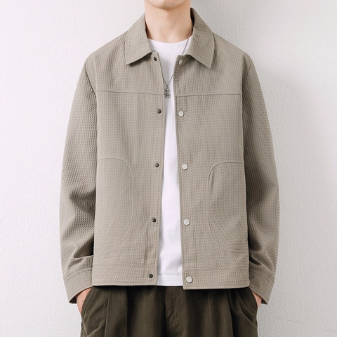 Men Waffle Texture Jacket Minimalist Lapel Solid Color Fashion Casual Outerwear Loose Fit Long Sleeve Top Autumn Shirt Jacket