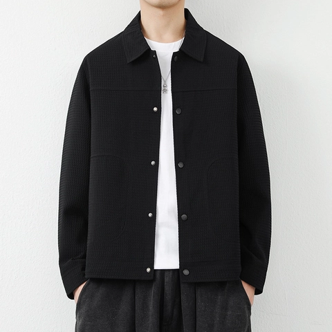 Men Waffle Texture Jacket Minimalist Lapel Solid Color Fashion Casual Outerwear Loose Fit Long Sleeve Top Autumn Shirt Jacket