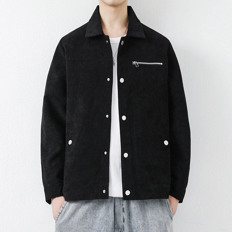 Men's Japanese Vintage Corduroy Jacket Loose Fit Button Down Outerwear With Zipper Pocket Casual Solid Color Polyester Autumn Coat