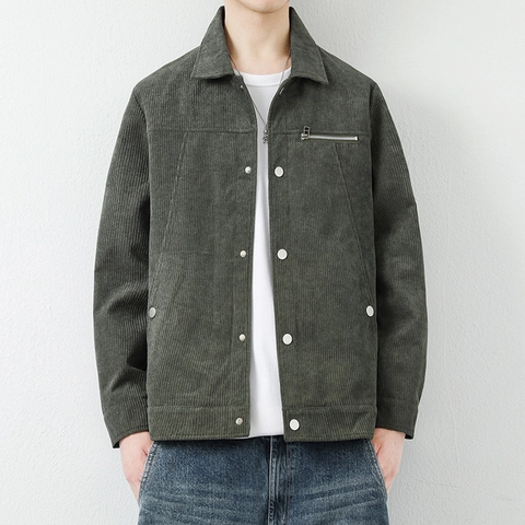 Men's Japanese Vintage Corduroy Jacket Loose Fit Button Down Outerwear With Zipper Pocket Casual Solid Color Polyester Autumn Coat