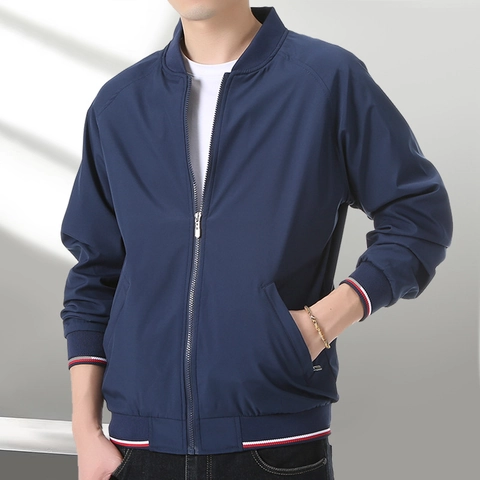 Chaqueta Bomber Casual para Hombre Cuello Alto Engrosado a Prueba de Viento Fibra de Acetato Color Sólido Chaqueta con Cremallera Puños a Rayas