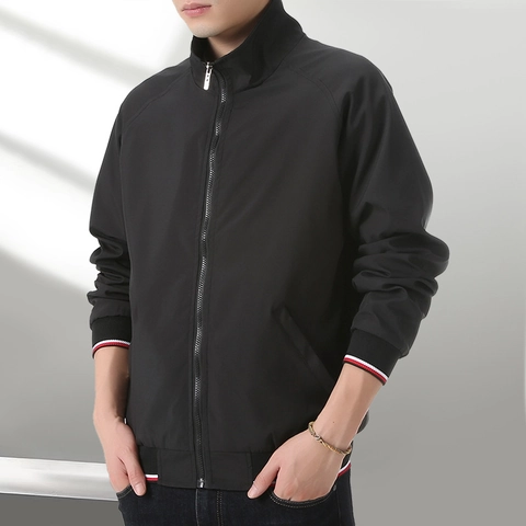 Chaqueta Bomber Casual para Hombre Cuello Alto Engrosado a Prueba de Viento Fibra de Acetato Color Sólido Chaqueta con Cremallera Puños a Rayas