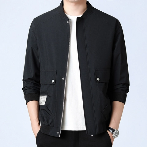 Men's Casual Workwear Jacket Stand Collar Ribbed Trim Polyester Solid Color Bomber Coat With Large Flap Pockets Fashion Outerwear