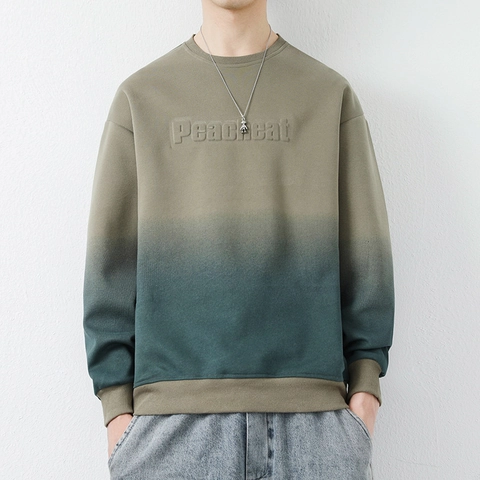 Men Casual Cotton Blend Sweatshirt Loose Fit Gradient Color Long Sleeve Top With 3D Letter Embossed Crew Neck Pullover