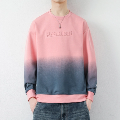 Men Casual Cotton Blend Sweatshirt Loose Fit Gradient Color Long Sleeve Top With 3D Letter Embossed Crew Neck Pullover