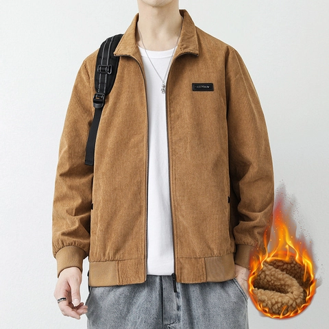 Men's Corduroy Jacket Fleece Lined Winter Warm Outwear Casual Solid Color Ribbed Lapel Zip Up Coat For Daily Fashion